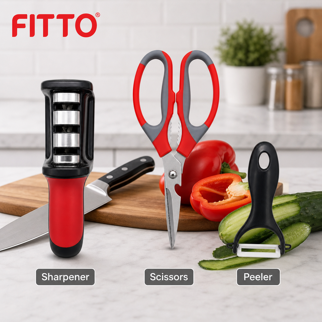 96 Pieces Kitchen Tool Set with Scissors, Knife Sharpener and Peeler, 3 Pieces
