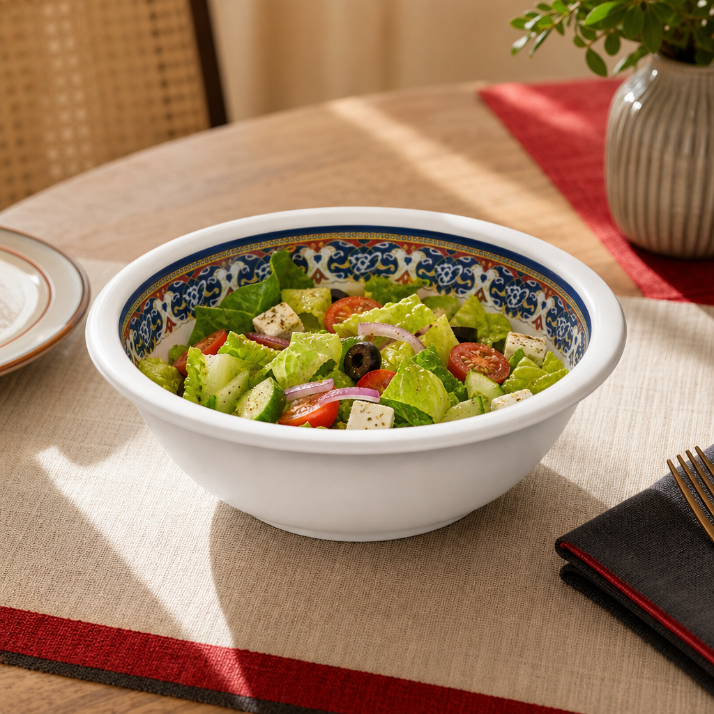 120 Pieces Melamine Salad Bowl, 6 Inch, White with Decorative Multicolour Rim, Single Bowl