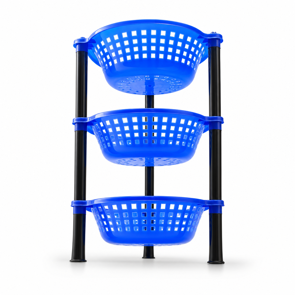 72 Pieces 3-Tier Plastic Storage Basket Rack, Blue and Black, Vertical Organizer for Home, Kitchen, Bathroom or Laundry, 1 Unit