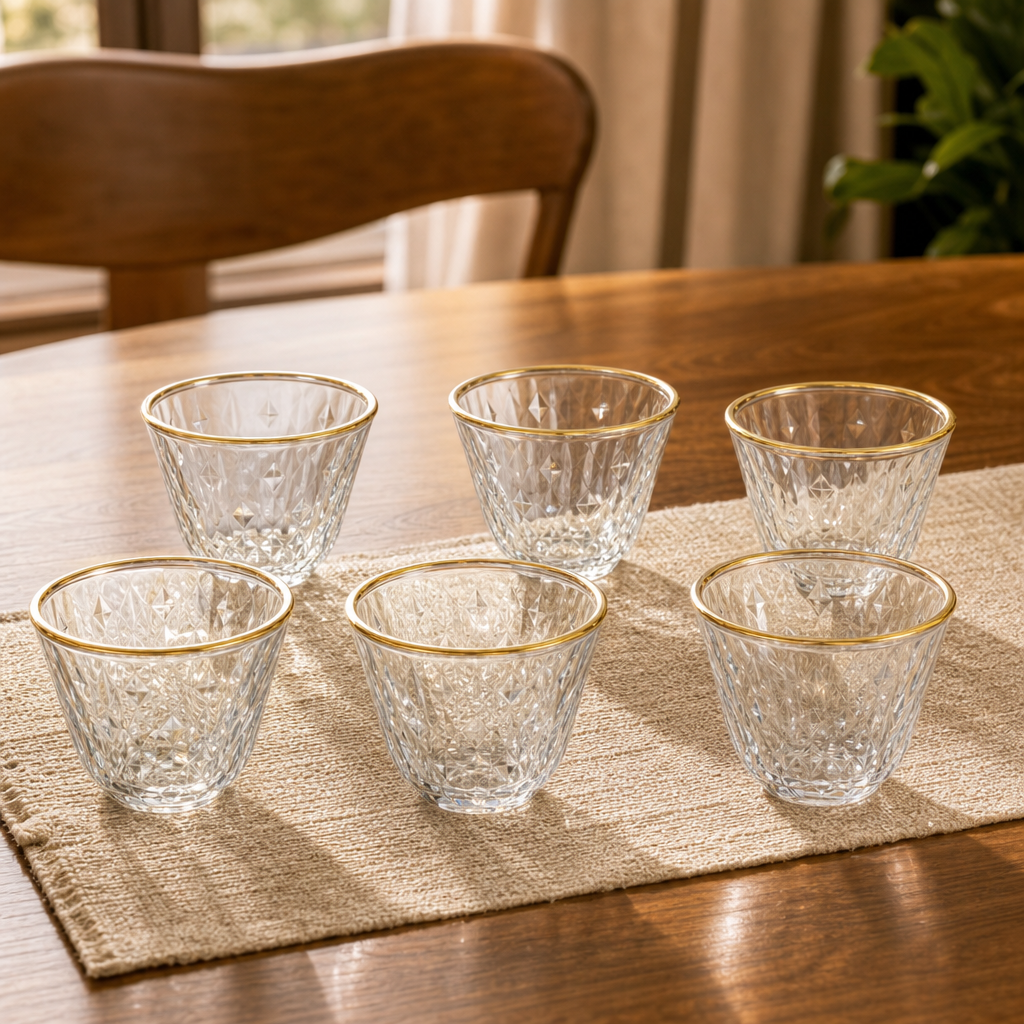 96 Pieces Clear Glass Cawa Cups with Gold-Tone Rims and Textured Design, 6 Pieces