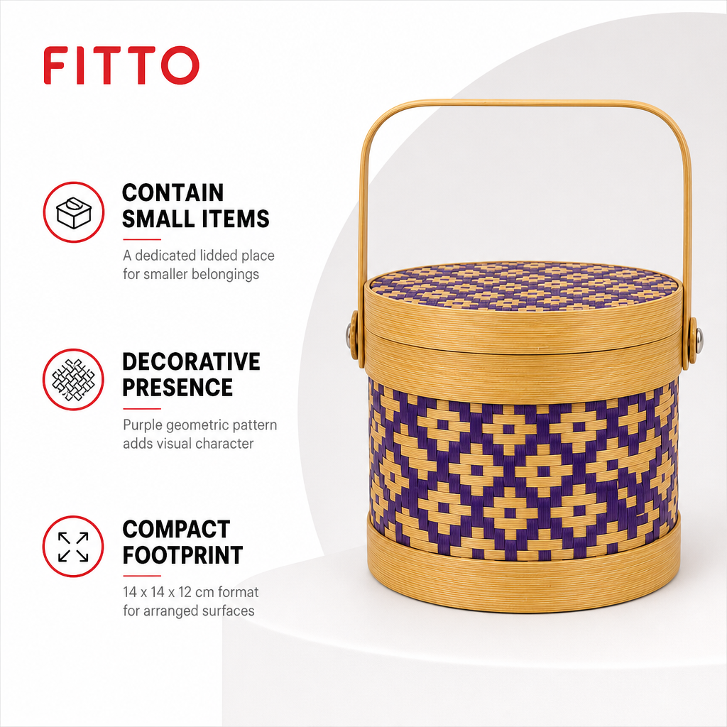 96 Pieces Round Woven Storage Box with Lid, Purple Pattern, 14 x 12 cm