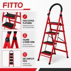 48 Pieces Folding Metal Step Ladder, 4-Step A-Frame Design, Red, 1 Piece, 141 x 44 cm