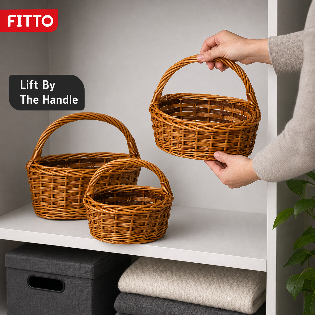 60 Pieces Oval Wicker Basket Set with Handles, Brown, 3 Piece