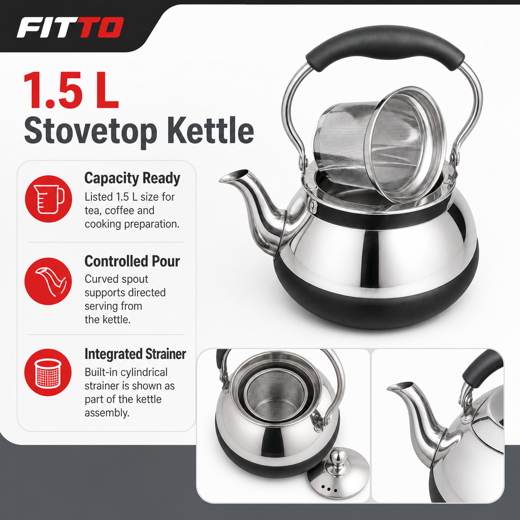 48 Pieces Stainless Steel Stovetop Kettle 1.5 L Silver and Black with Lid and Strainer, 1 Piece