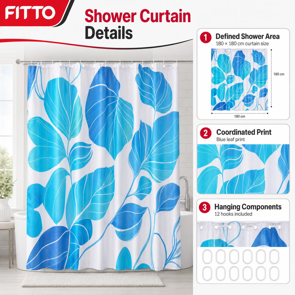 96 Pieces Blue Leaf Print PEVA Shower Curtains with 12 Hooks, 180 × 180 cm