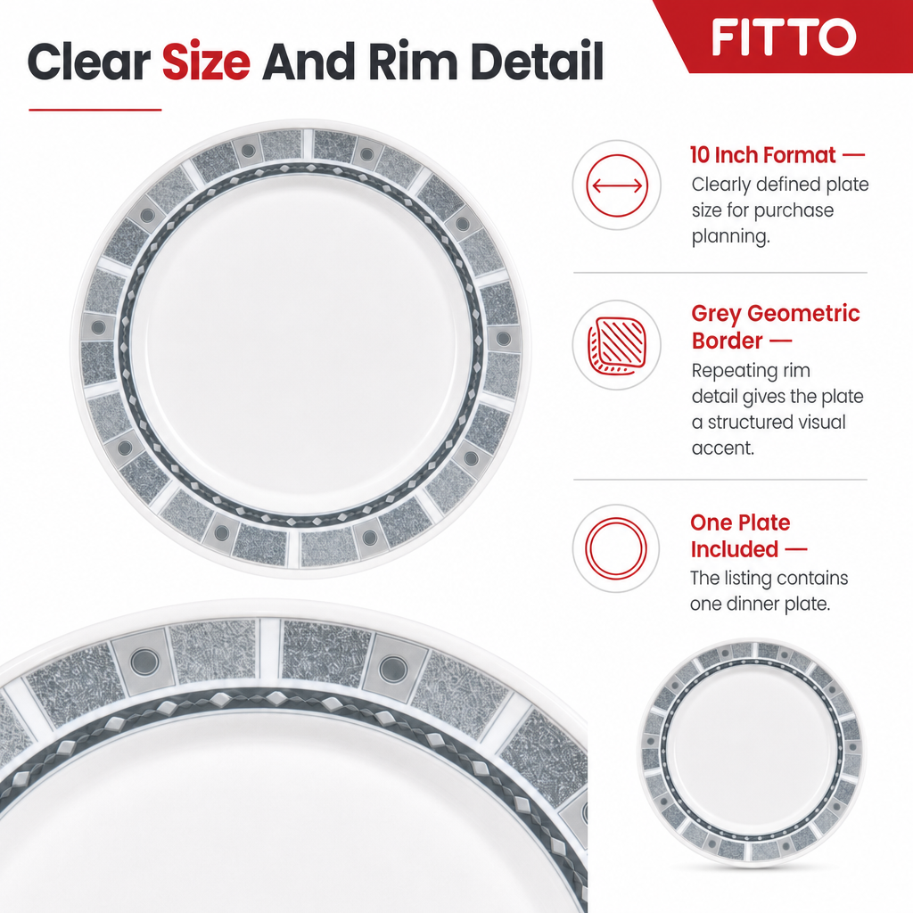 120 Pieces Dinner Plate, 10 Inch, Grey With Geometric Border, Round Tablewares For Meal Serving
