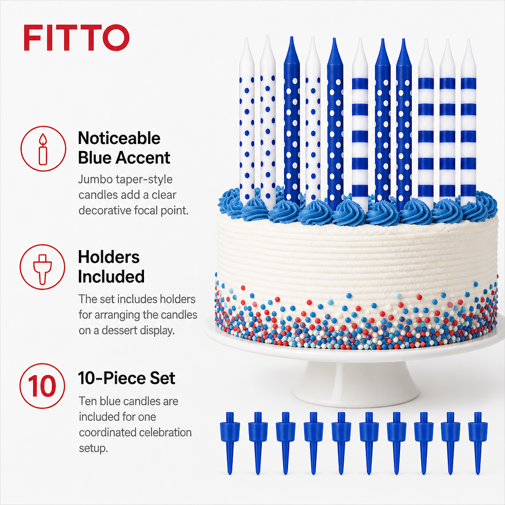 120 Pieces Blue Jumbo Birthday Candles with Holders, 10 Pieces