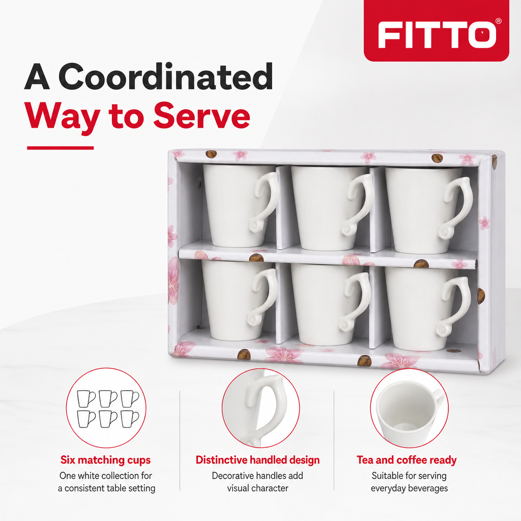 96 Pieces Ceramic Cup and Mug Set, White, 6 Pieces with Decorative Handles for Tea and Coffee Serving