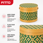 96 Pieces Round Woven Storage Box with Lid, Green Geometric Pattern, 14 x 14 x 12 cm