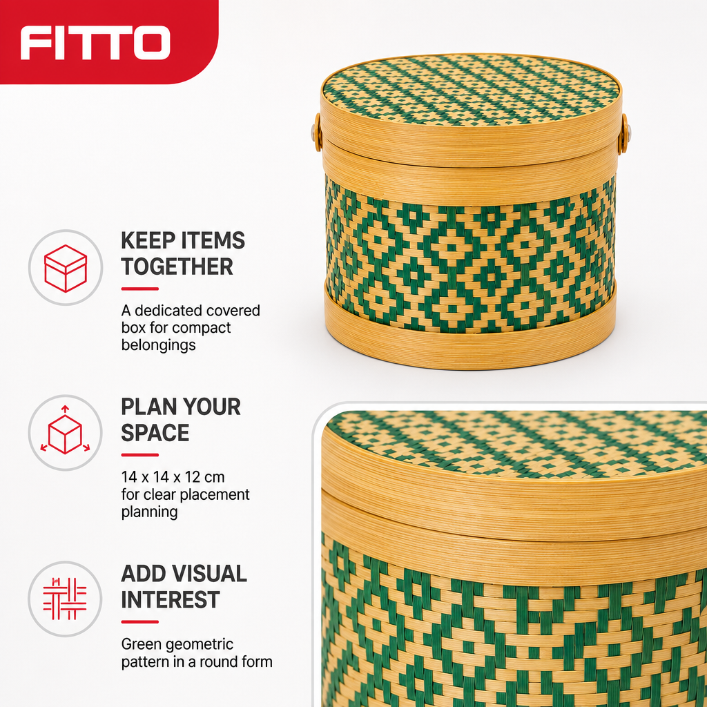 96 Pieces Round Woven Storage Box with Lid, Green Geometric Pattern, 14 x 14 x 12 cm