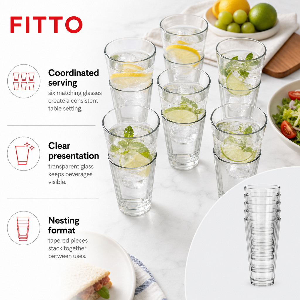96 Pieces Clear Stackable Drinking Glasses, 6-Piece Set