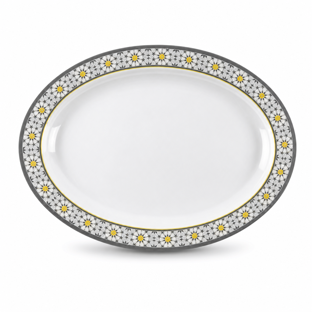 96 Pieces Melamine Wavy Oval Serving Plate, 14 Inch, White and Grey with Yellow Accents