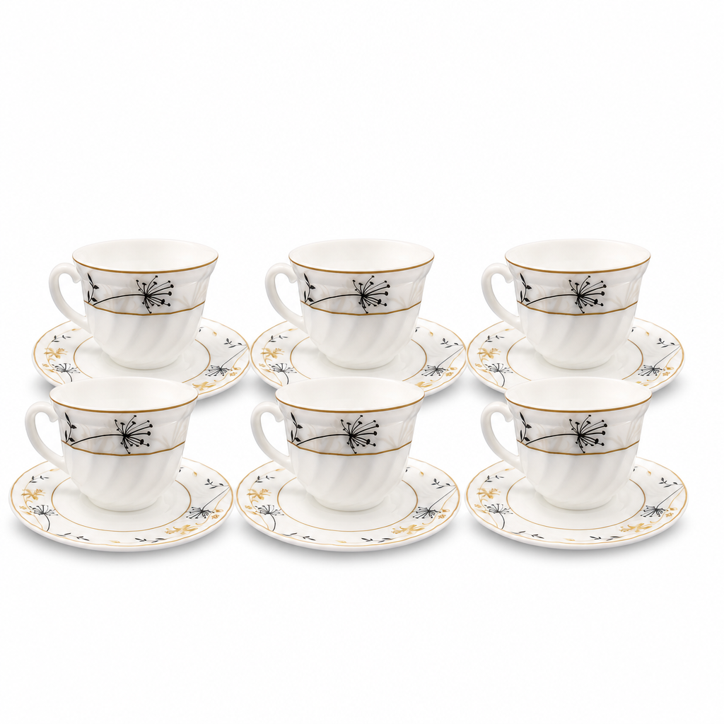 48 Pieces Opal Cup and Saucer Set, 190ml, 12 Pieces, 6 Cups with 6 Saucers, Floral White Design
