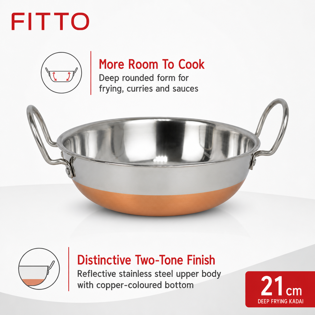 72 Pieces Stainless Steel Deep Frying Kadai with Copper Bottom, 21 cm