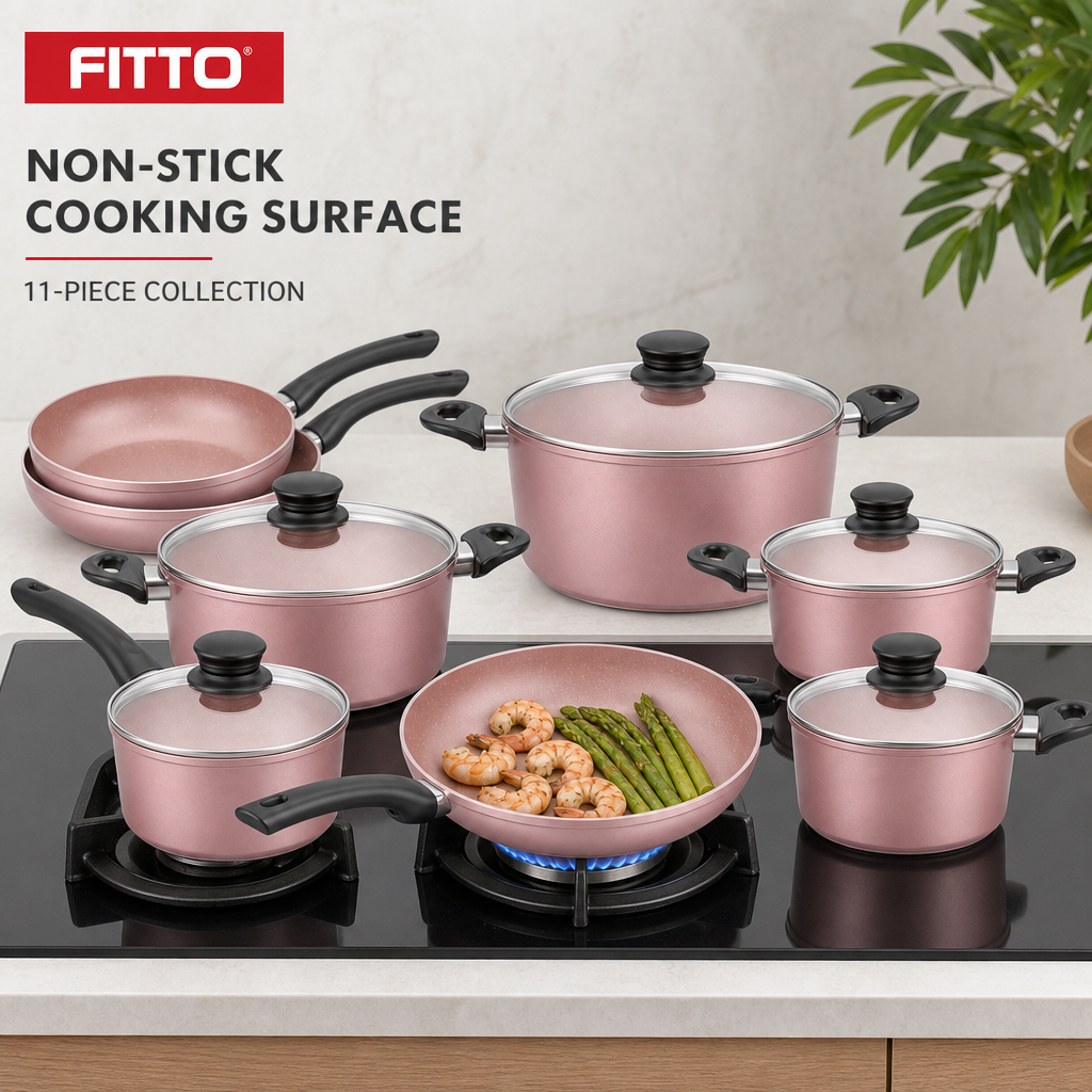 48 Pieces 11-Piece Non-Stick Cookwares Set, Peach Blossom Colour for Everyday Cooking