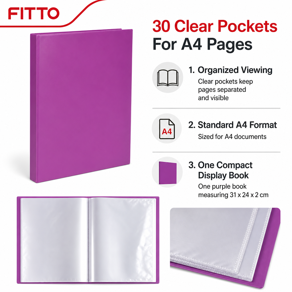 120 Pieces Purple A4 Display Book with 30 Clear Pockets, 1 Piece
