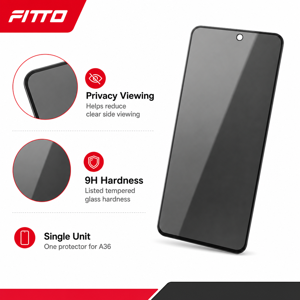 144 Pieces Privacy Tempered Glass Screen Protectors for A36, 9H Hardness, Single Unit