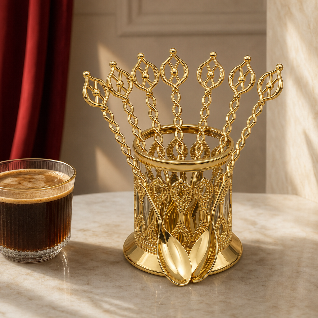 96 Pieces Gold-Tone Decorative Coffee Spoon Set with Ornate Holder, 7 Pieces