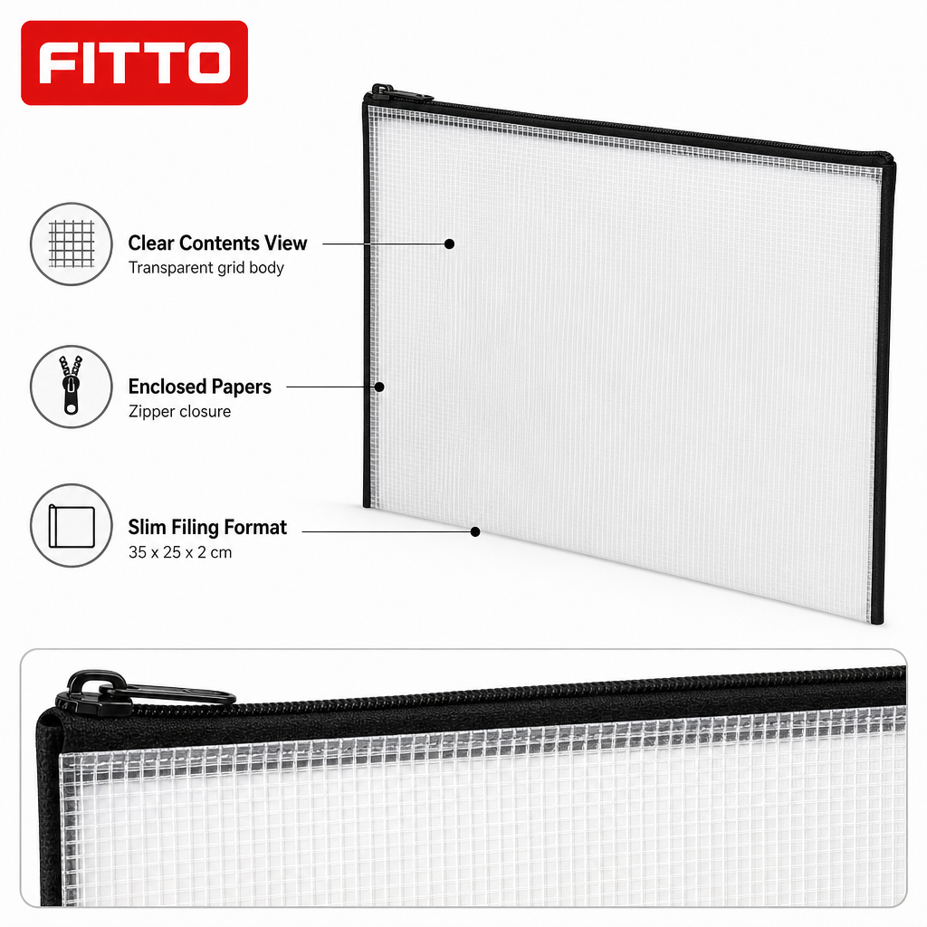 144 Pieces Transparent Grid Zipper Document Folder with Black Trim, 35 x 25 x 2 cm, 1 Piece