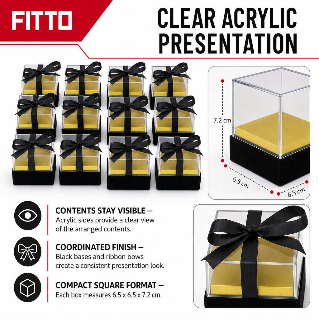 60 Pieces Acrylic Favor Boxes, Black Square Ribbon Presentation Boxes, 6.5 x 6.5 x 7.2 cm, 12 Pieces
