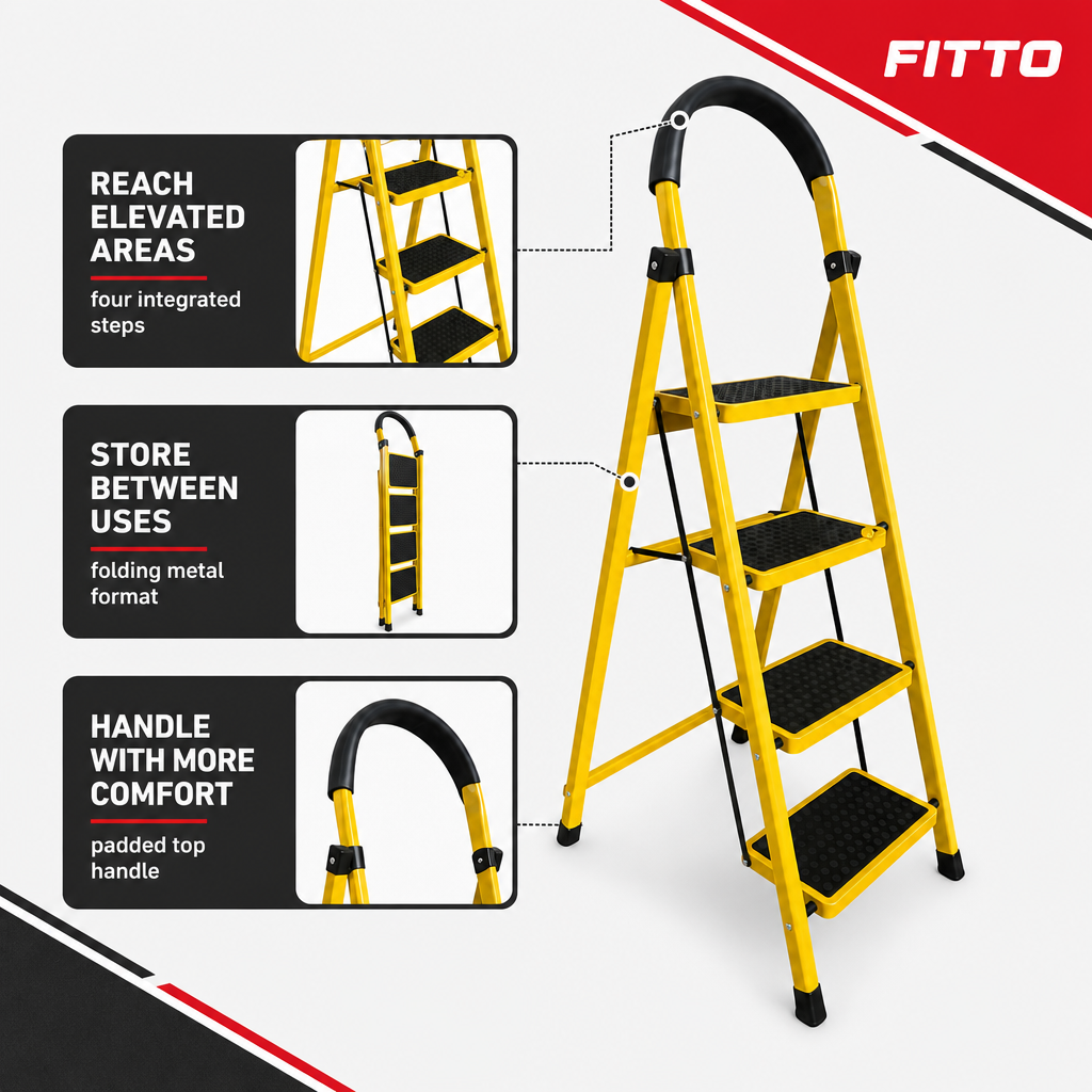 48 Pieces Yellow 4-Step Folding Metal Step Ladders, 141 x 44 cm, Padded Handle, 1 Piece