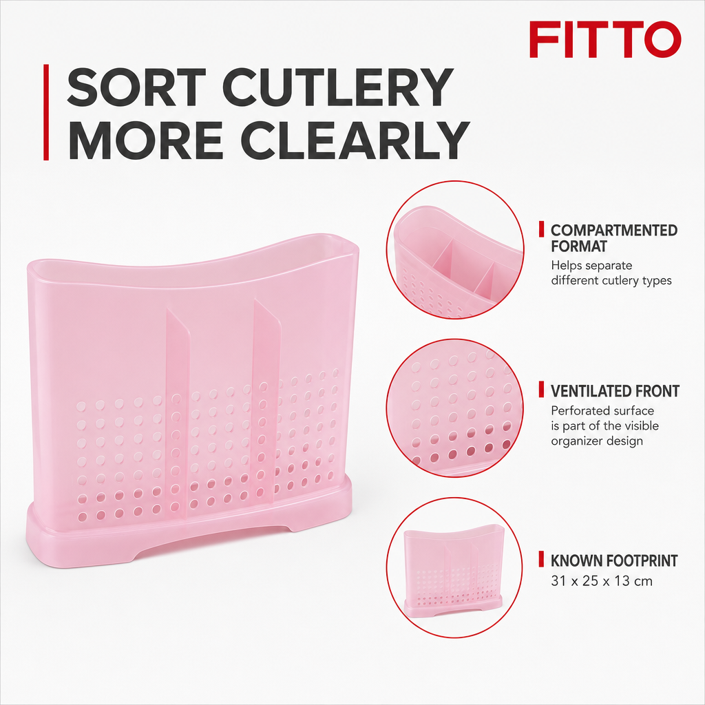 144 Pieces Utensil Organizer, Pink Plastic Cutlery Holder with Compartments, 31 x 25 x 13 cm