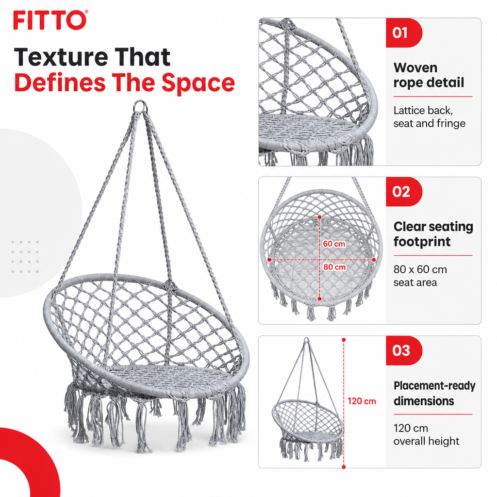 48 Pieces Grey Macramé Hanging Rope Swing Chair, 80 x 60 cm Seat, 120 cm Overall Height, 1 Unit