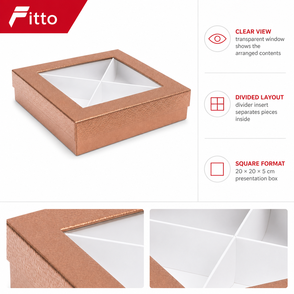 96 Pieces Chocolate Presentation Box with Clear Window and Divider Insert, Rose Gold Square, 20 × 20 × 5 cm, 1 Piece