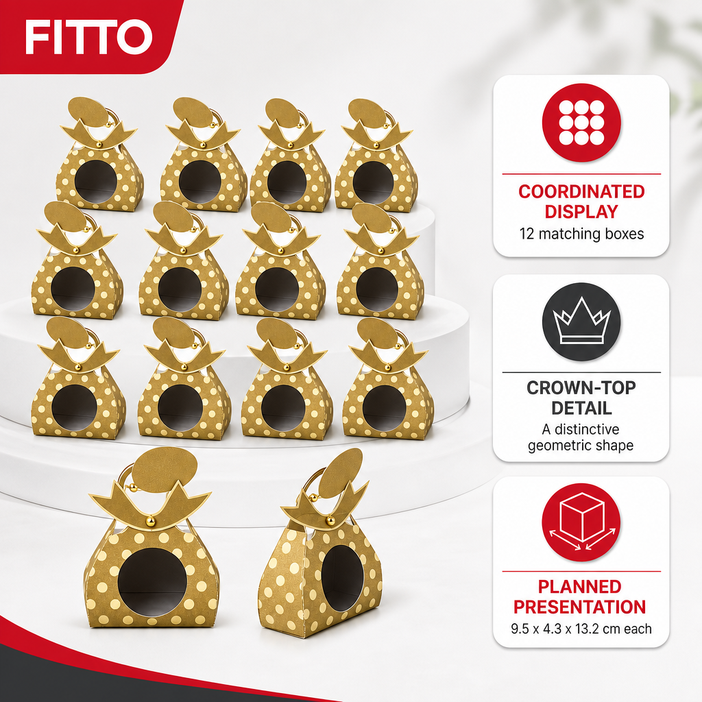 96 Pieces Candy Favor Boxes, Gold Crown-Top Paper Party Containers, 9.5 x 4.3 x 13.2 cm, 12 Pieces