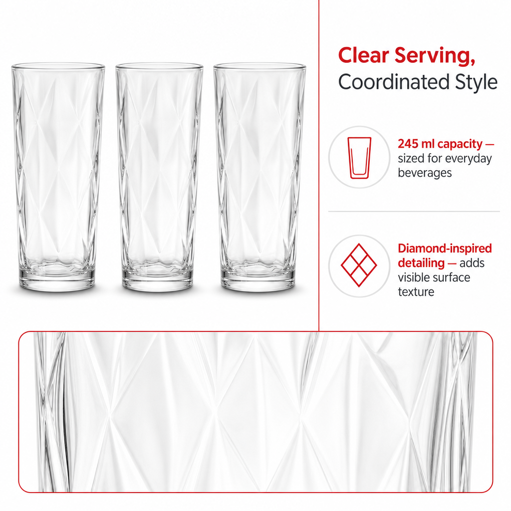 96 Pieces Diamond Glass Tumbler Set, 245 ml, 3 Pieces