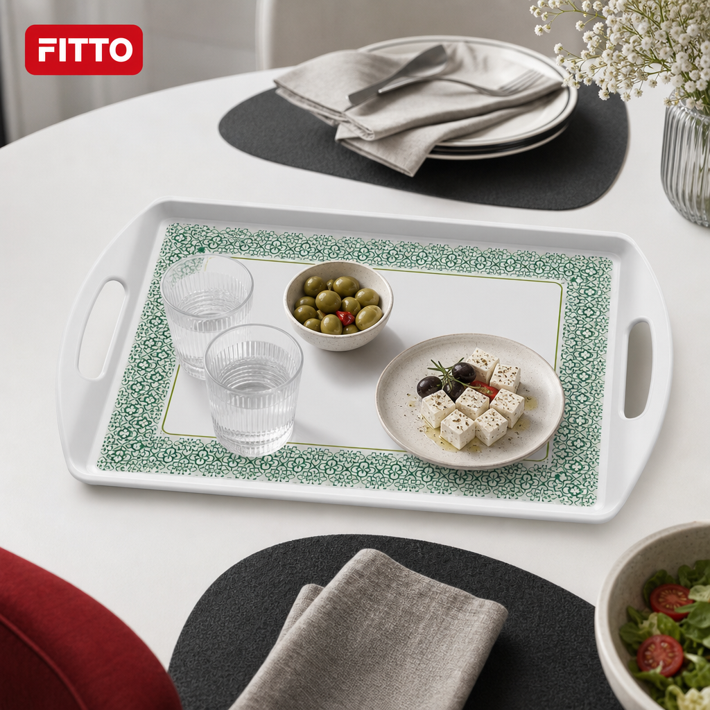60 Pieces Rectangular Serving Trays with Double Handles, 24 Inch, Grey and Green Patterned Surface