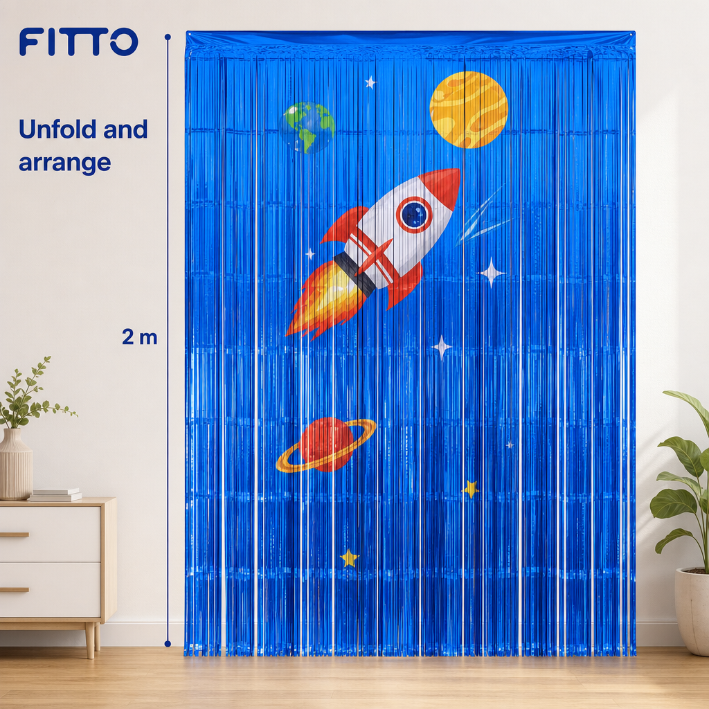 144 Pieces Space Happy Birthday Foil Fringe Curtain Backdrop, 2 m