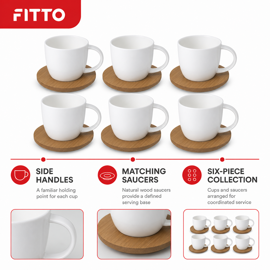 60 Pieces Ceramic Tea and Coffee Cups with Side Handles and Wooden Saucers, White and Natural Wood, 6 Pieces