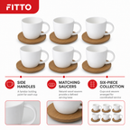 60 Pieces Ceramic Tea and Coffee Cups with Side Handles and Wooden Saucers, White and Natural Wood, 6 Pieces