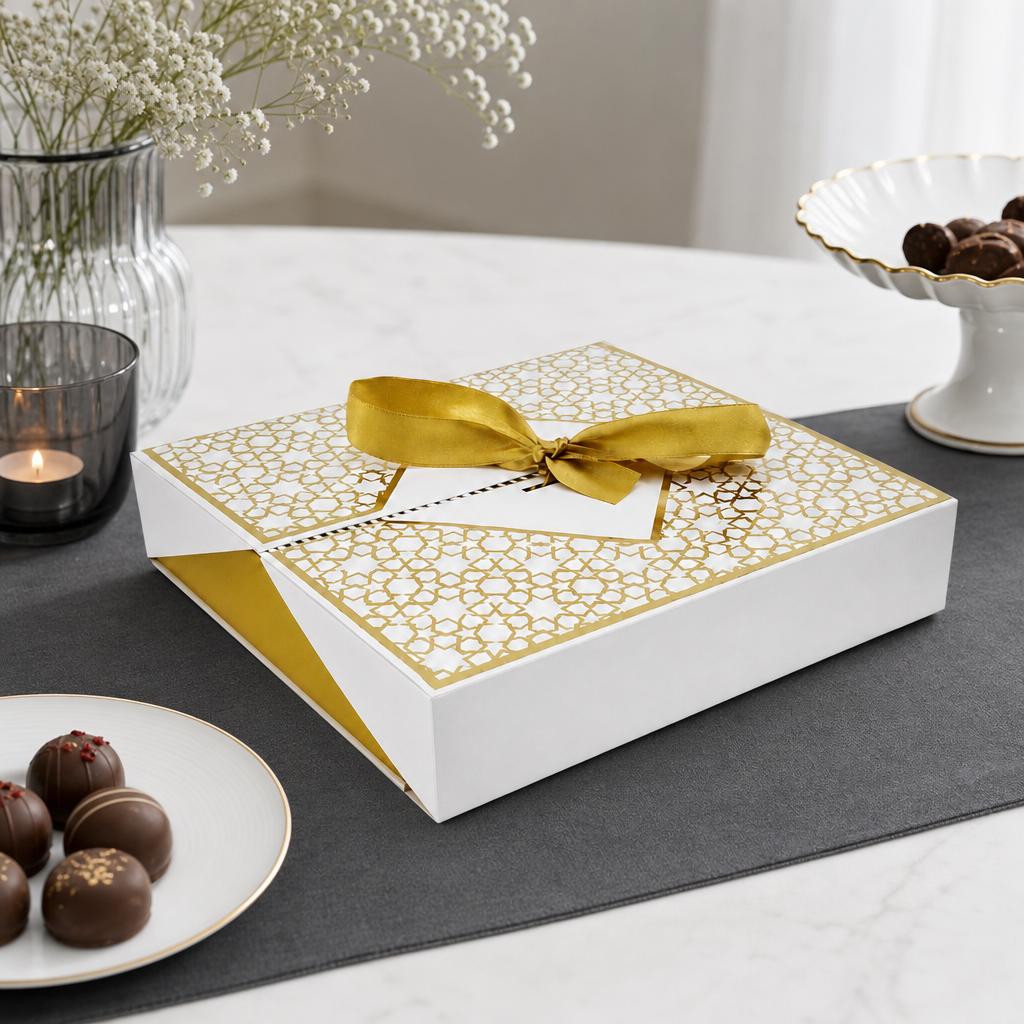 96 Pieces White Square Chocolate Box with Ribbon, 21.5 x 21.5 x 4.5 cm, 1 Piece