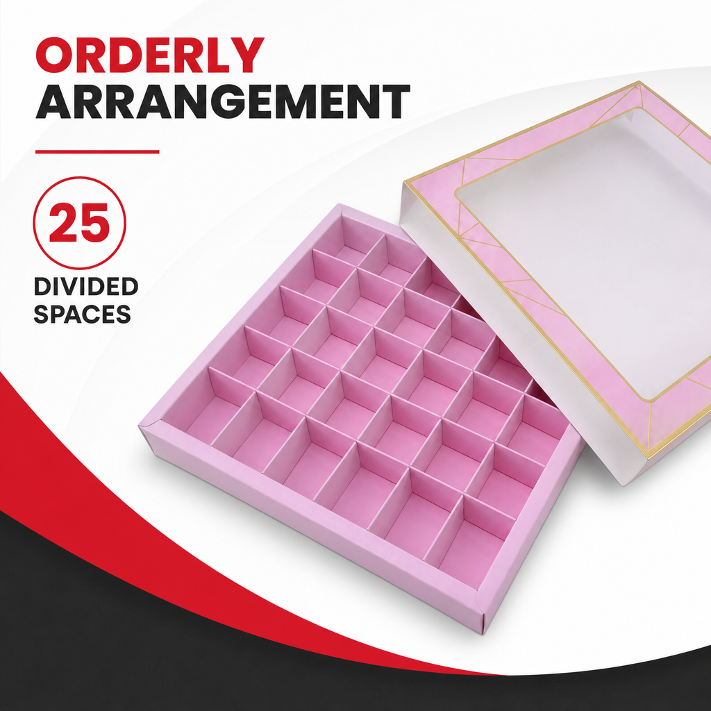 120 Pieces Pink Square Chocolate Box with 25 Compartments, 23.5 x 23.5 x 4 cm, 1 Piece