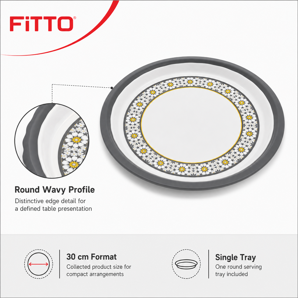 96 Pieces Melamine Round Wavy Serving Trays, 30 cm, White and Grey with Yellow Accents