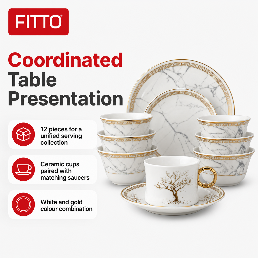 96 Pieces Ceramic Cup and Saucer Set, White and Gold, 12 Pieces