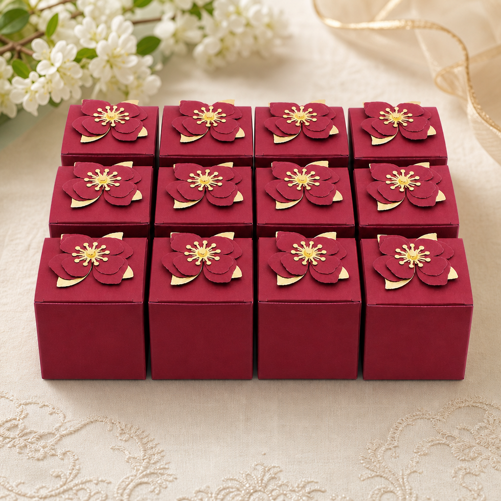 96 Pieces Paper Presentation Boxes with Floral Decoration, Maroon, 7.5 x 7.5 cm, 12 Pieces