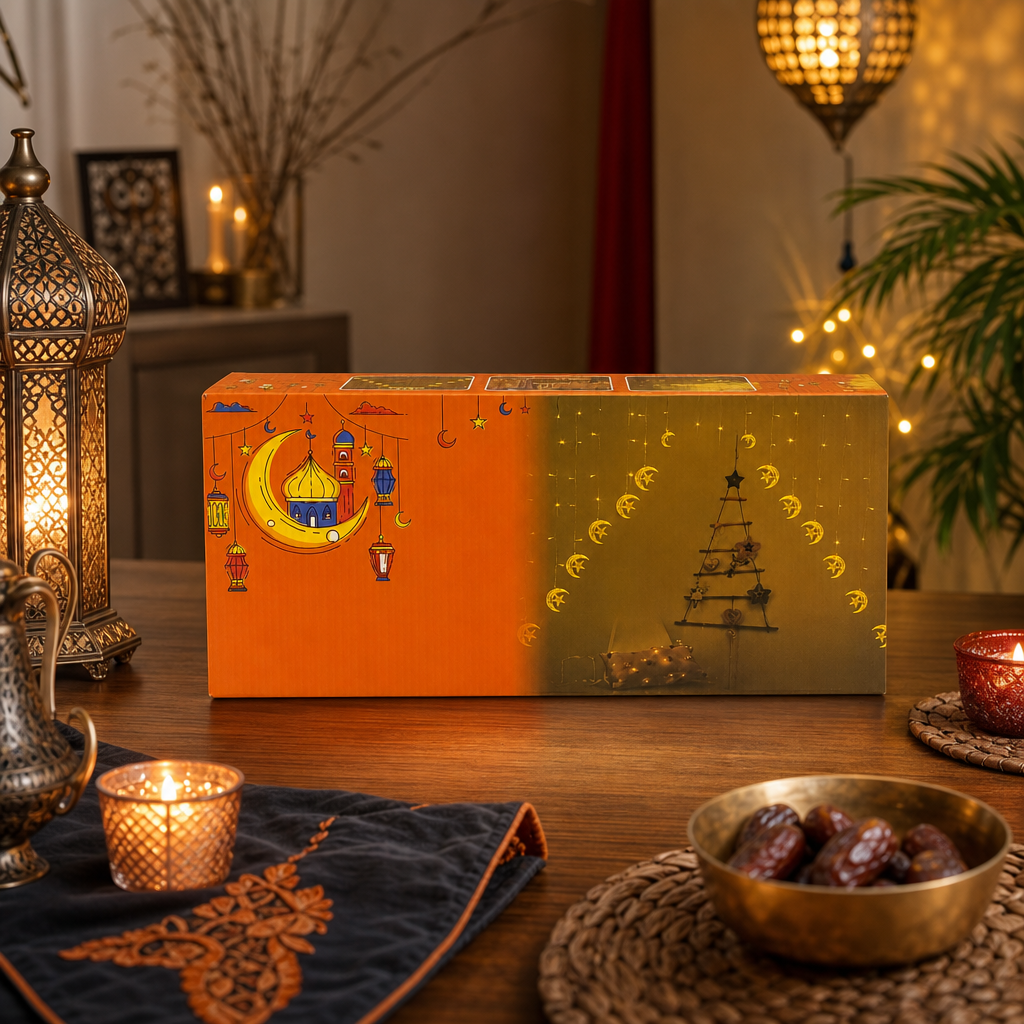 96 Pieces Ramadan Decorative Paper Box with Crescent and Mosque Design, Orange and Brown, 1 Piece, 30 x 25 x 8 cm