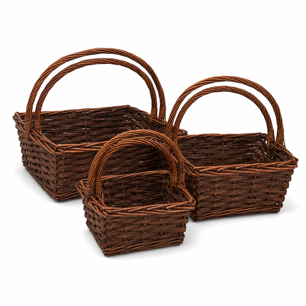 60 Pieces Rectangular Storage Basket Sets, Brown Rattan-Style Baskets with Carry Handles, 14 in, 12 in and 10 in, 3 Pieces