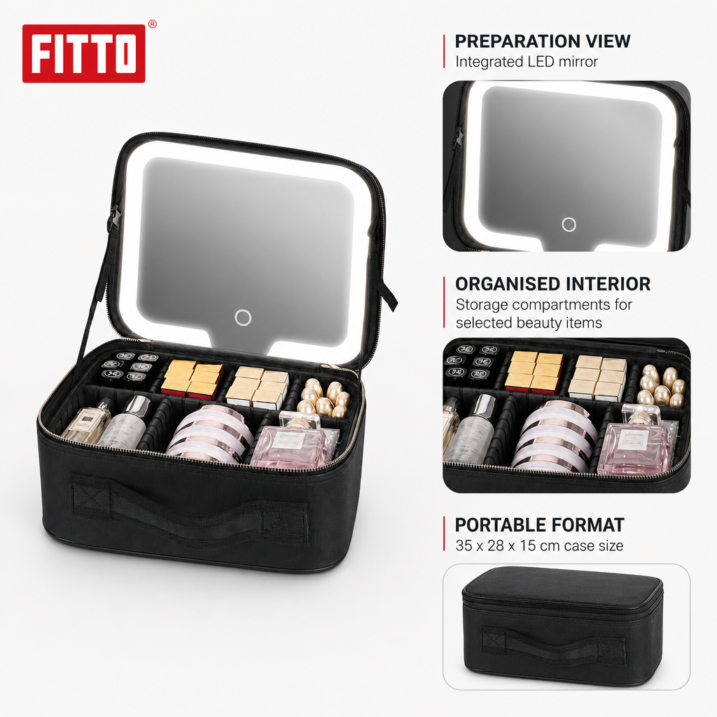 48 Pieces Makeup Organiser Case with LED Mirror, Storage Compartments, USB-C Cable and Black Portable Design, 1 Case