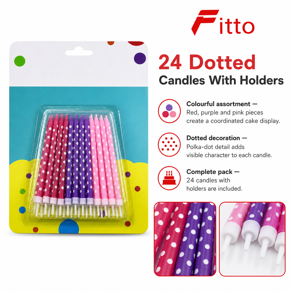 120 Pieces Dotted Birthday Candles with Holders, 24 Pieces, Red Purple Pink