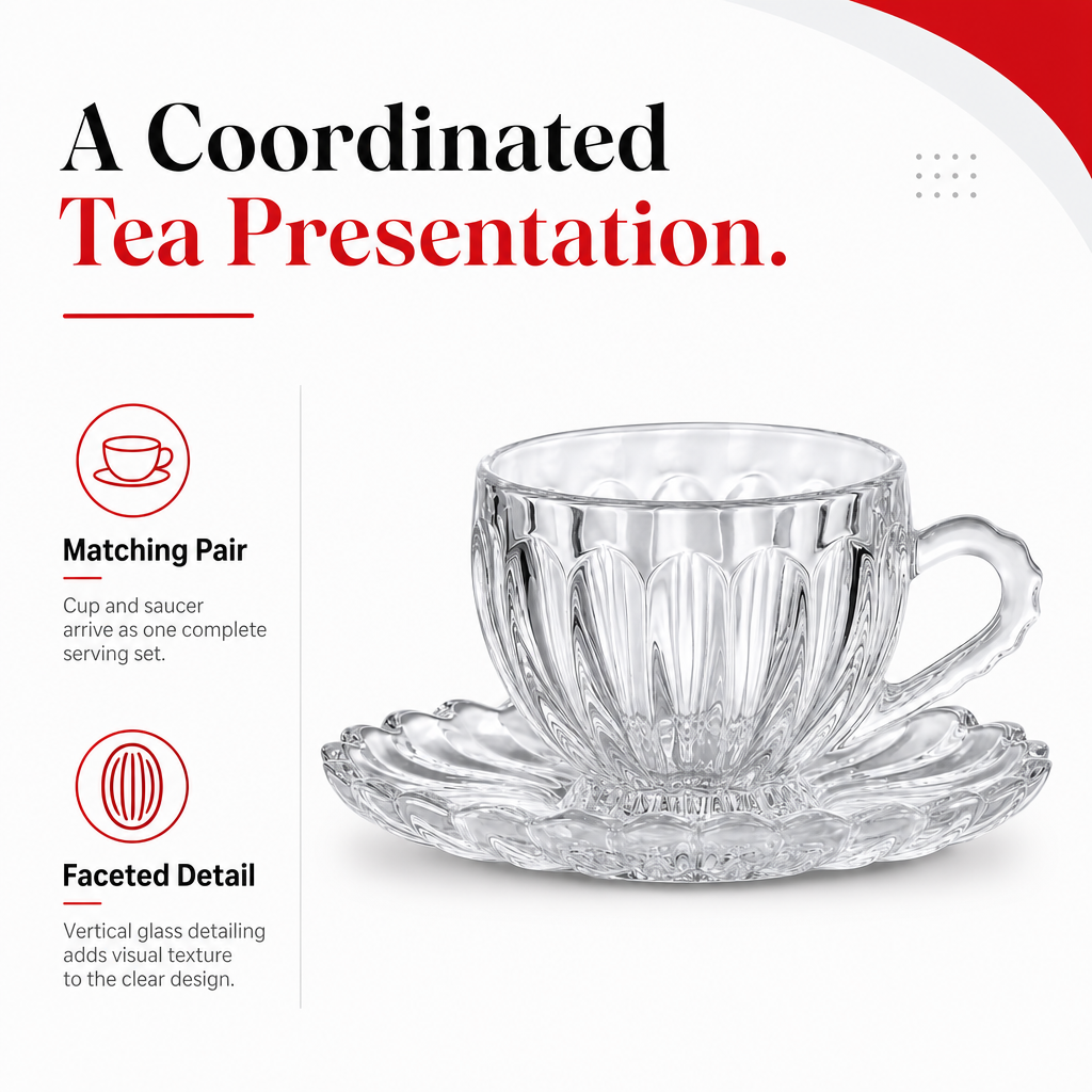 60 Pieces Clear Glass Tea Cup and Saucer Set, 2 Pieces, Faceted Table Setting