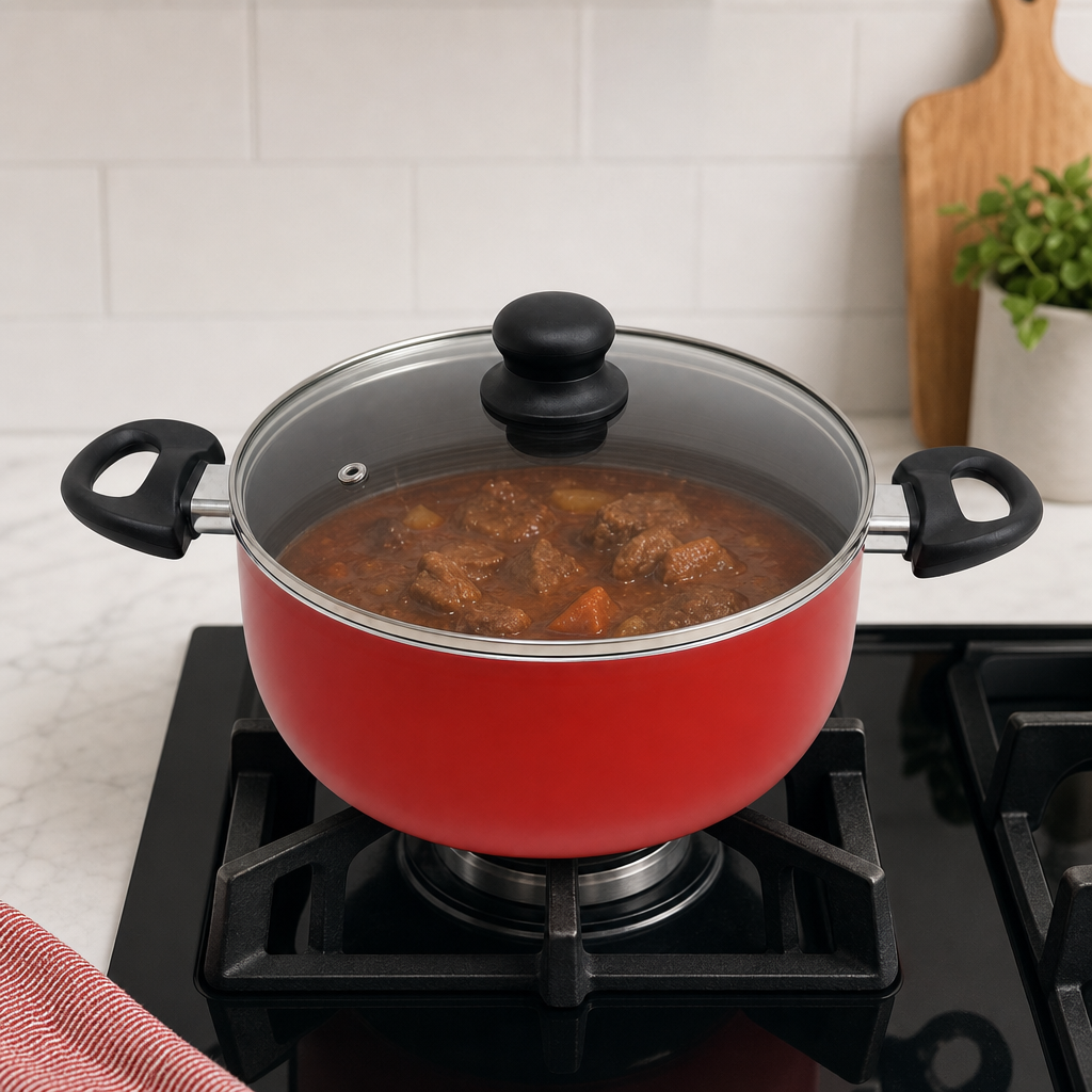 48 Pieces Saucepot 24 cm Red Aluminum Non-Stick Cookwares with Glass Lid and Side Handles