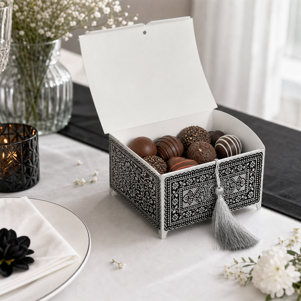 240 Pieces Decorative Chocolate Box with Ornate Pattern and Tassel, Black and Silver, 12 x 12 x 6.5 cm, 1 Piece