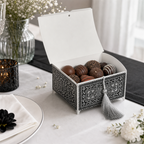 240 Pieces Decorative Chocolate Box with Ornate Pattern and Tassel, Black and Silver, 12 x 12 x 6.5 cm, 1 Piece