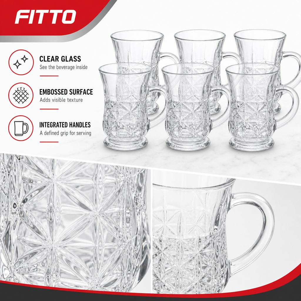 96 Pieces Embossed Clear Glass Mugs with Handles, 6-Piece Set for Tea, Coffee and Everyday Serving