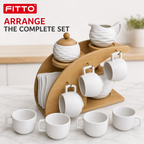 48 Pieces Ceramic Tea and Coffee Set with Wooden Stand, White and Natural Wood, 15 Pieces