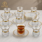 60 Pieces Ribbed Glass Tea Cup and Saucer Set with Gold Rim, 12-Piece Clear Drinkwares Collection
